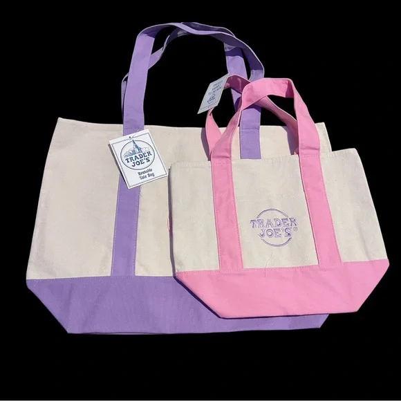 Trader Joe’s Lavender Canvas Large & Pink Mini Tote Bags Set NWT Set Of 2 - Picture 1 of 3